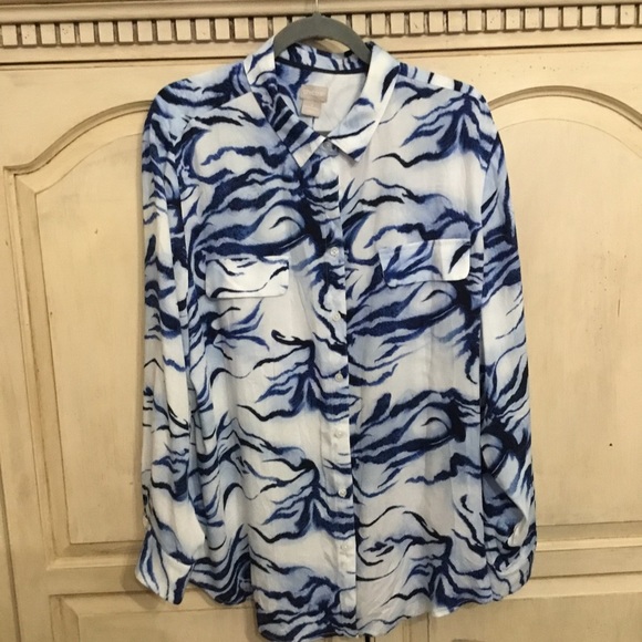 Chico’s Women’s Long-Sleeve Easy Blue And White Animal Print Shirt Size XXL EUC - Picture 2 of 8
